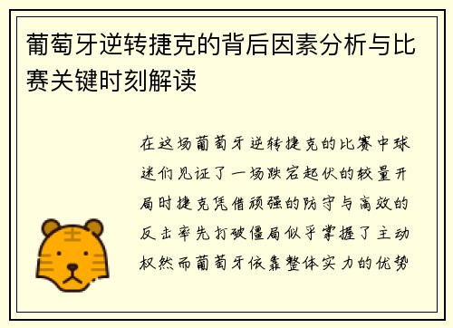 葡萄牙逆转捷克的背后因素分析与比赛关键时刻解读